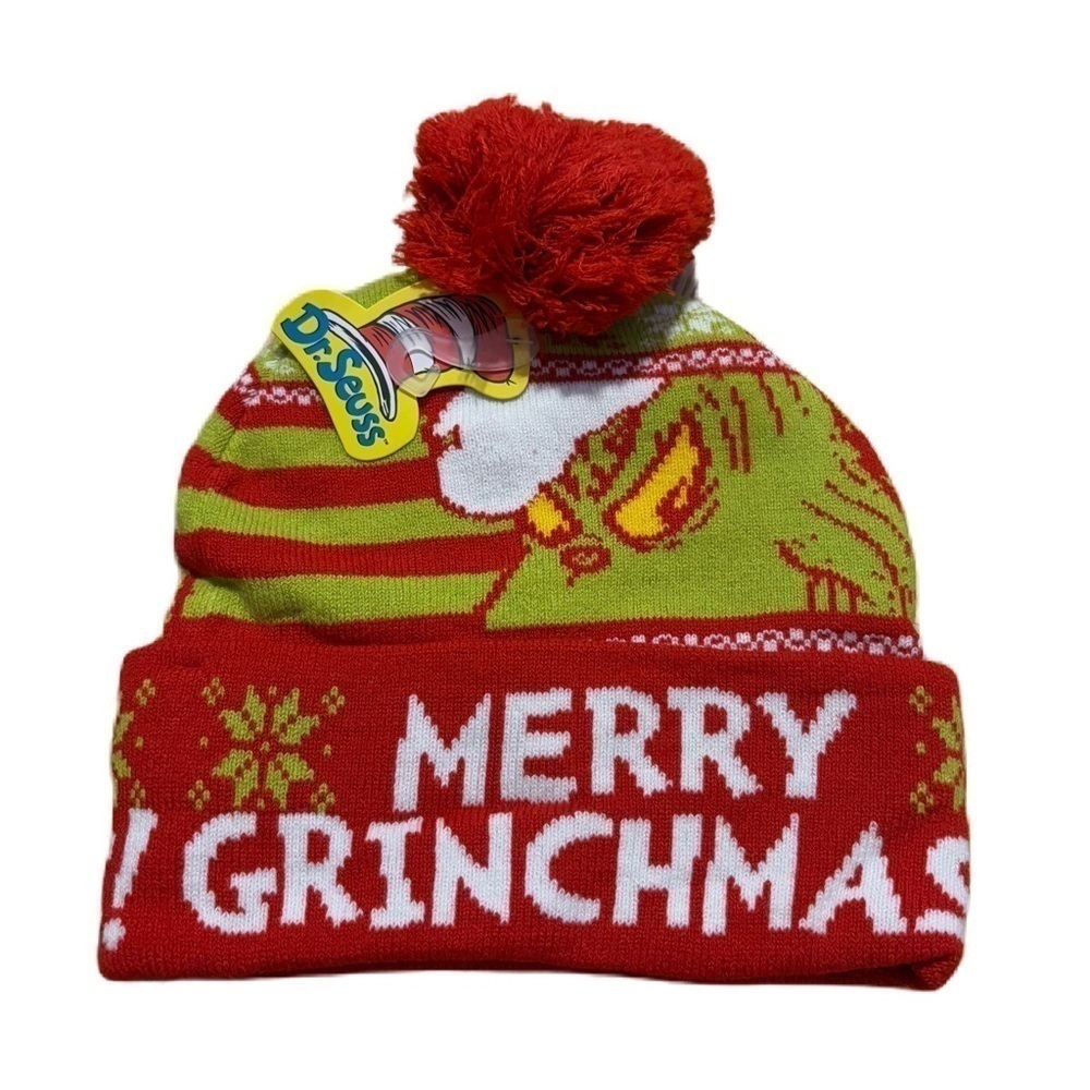 Merry Grinchmas Knit Hat NEW Grinch Christmas Dr. Seuss Pom Beanie Green Red